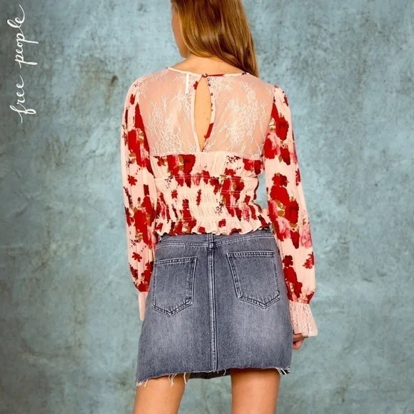 FREE PEOPLE Daphne Rose/Floral Long Sleeve Sheer Lace Ruched Blouse-Sm NWT - Picture 5 of 16